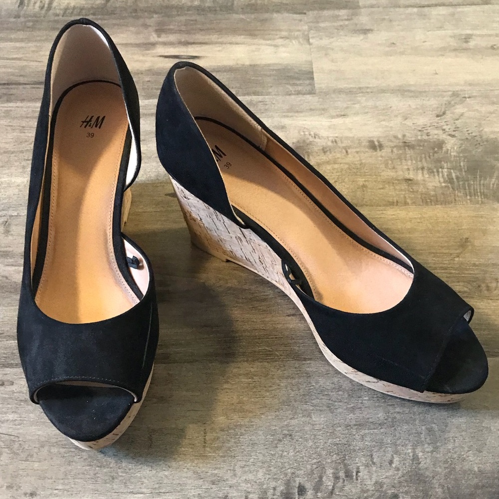 H&M Black Faux Suede Cork Wedges
